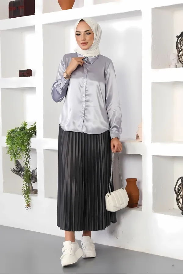 Chemise hijab grise satinée pour femme HZL25W-BD139641
