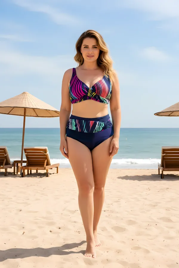 Ensemble bikini doublé grande taille bleu marine multicolore pour femme HZL25S-LC21202