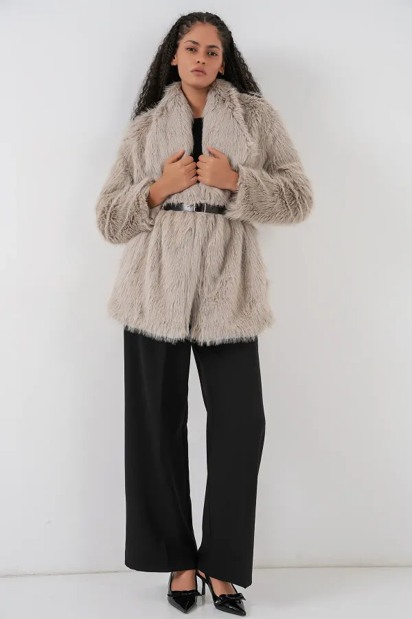 Women's Belted Oversize Fur Coat 9156 - Stone