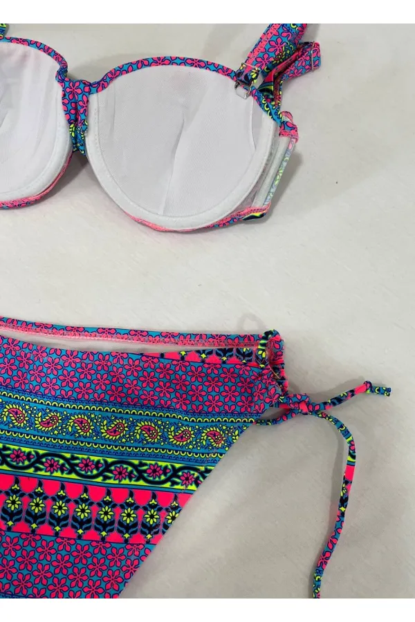 Kadın Fuşya Çok Renkli Etnik Desen Atarlı Bikini Takımı HZL25S-LC8004