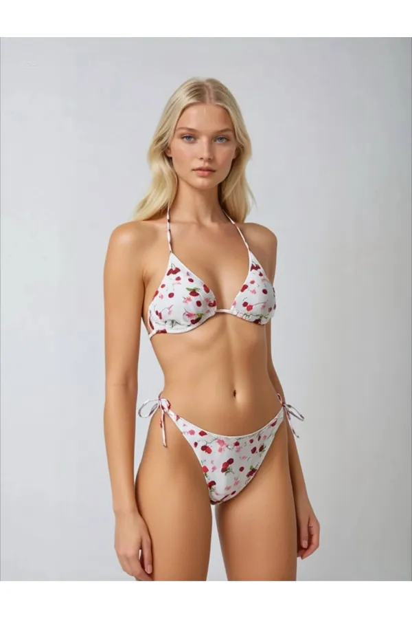Ensemble bikini triangle dos nu à motif cerise blanche pour femme HZL25S-LC5005
