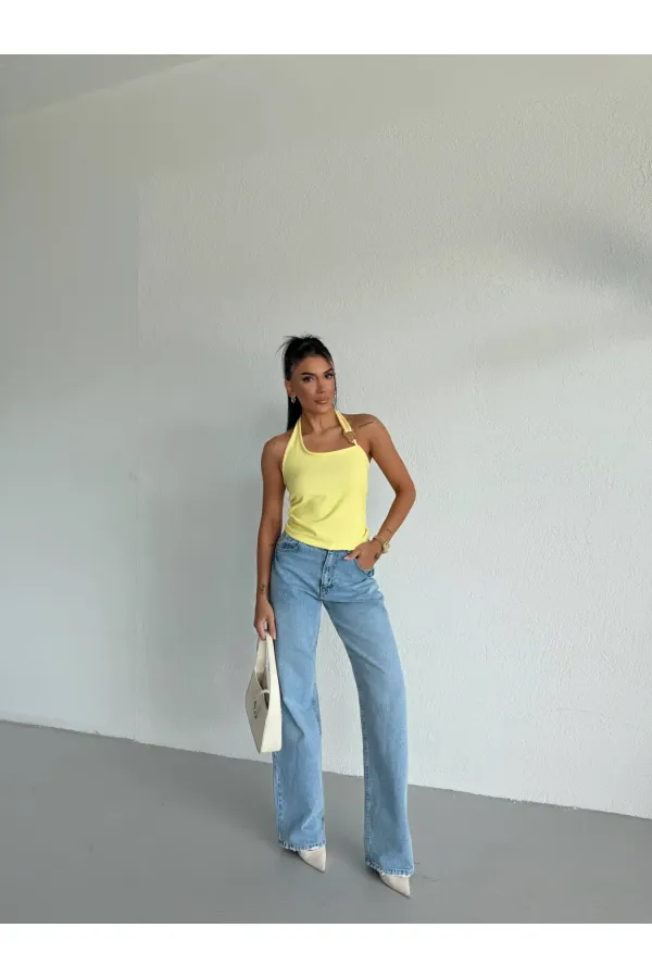 Kadın Sarı Ottoman Kumaş Halter Yaka Toka Detay Bluz HZL26W-FRY123321