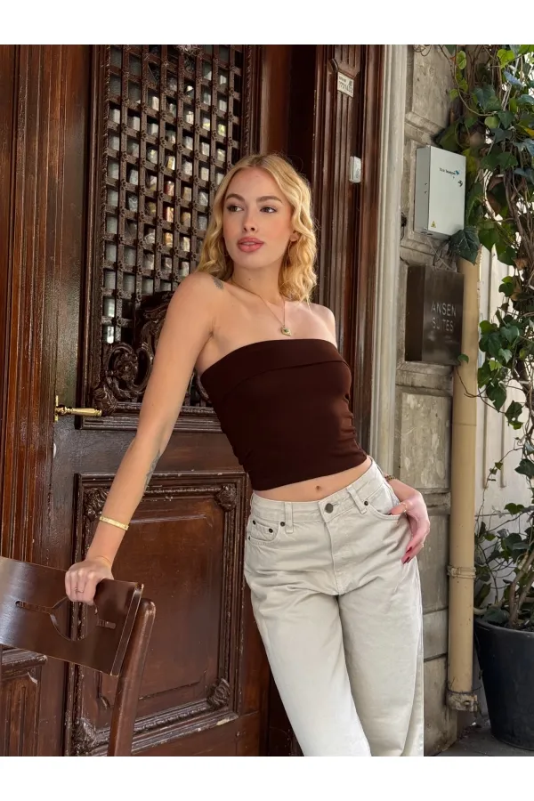 Kadın Kahverengi Katlamalı Straplez Bluz HZL24S-ZK11301