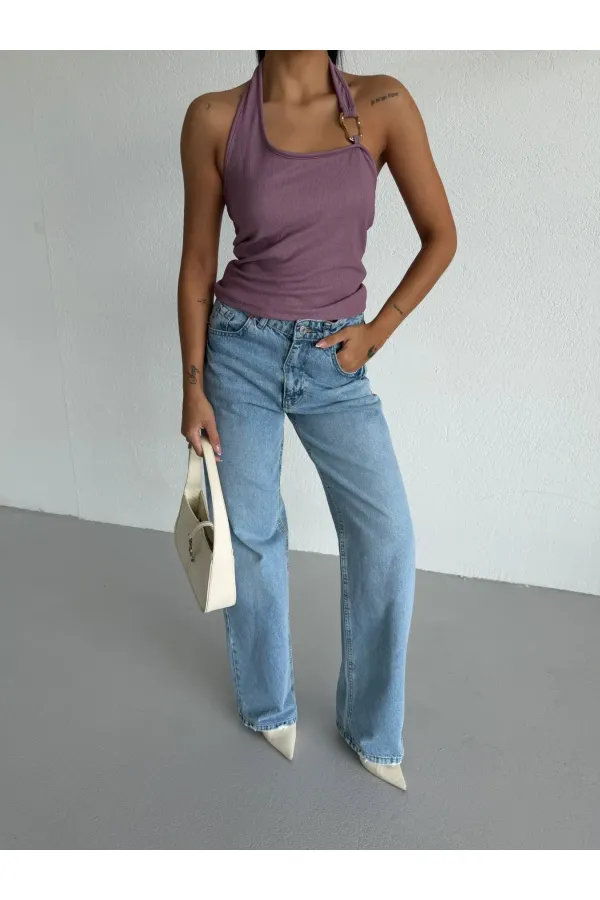 Kadın Lila Ottoman Kumaş Halter Yaka Toka Detay Bluz HZL26W-FRY123321