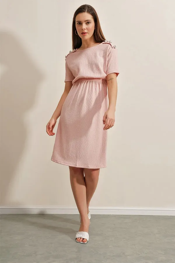 Women's Pink Elastic Waist Button Detailed Casual Knit Dress HZL22S-BD123751