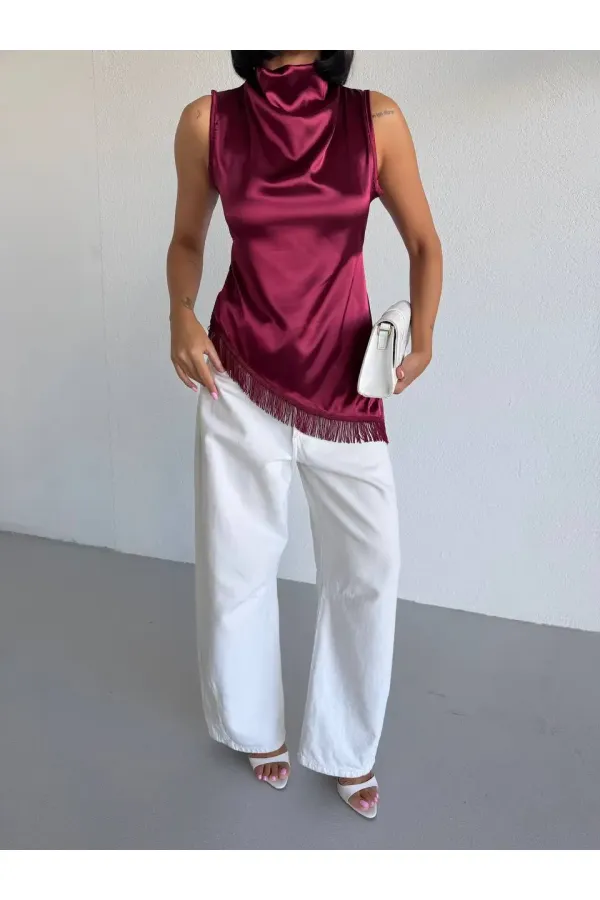 Women's Burgundy Halter Neck Asymmetrical Cut Fringe Detail Satin Blouse HZL26S-FRY123911