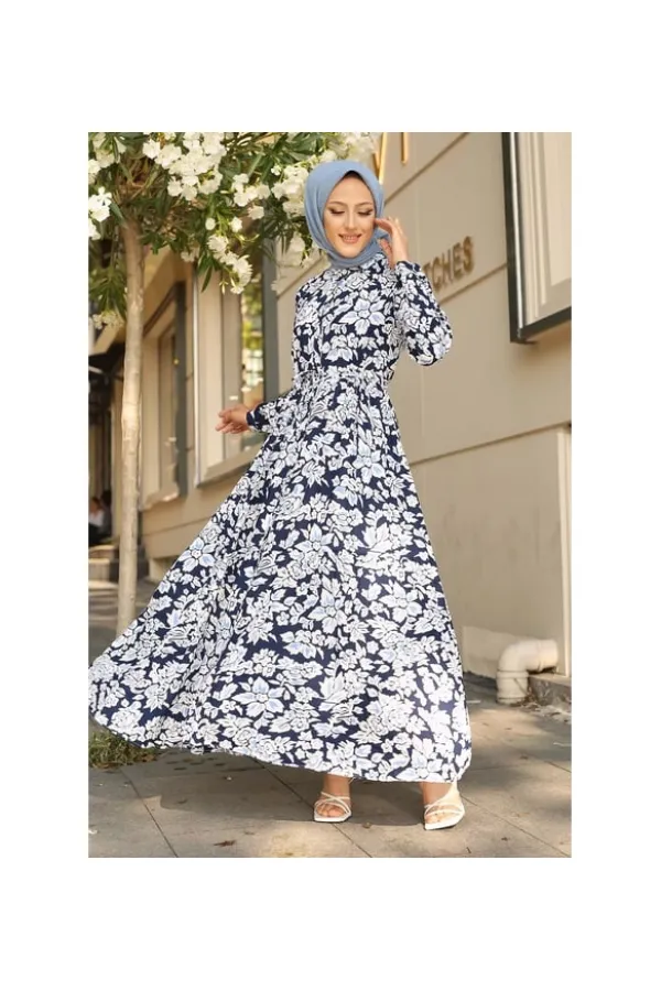 Kadın Lacivert Desenli Hakim Yaka Yazlık Uzun Elbise HZL25W-BD122971
