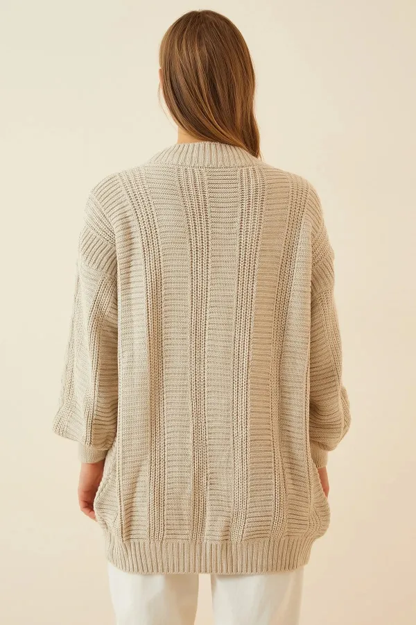 Women's Beige Hair Knit Pattern Long Buttoned Casual Cut Knitwear Cardigan HZL23W-BD1100691