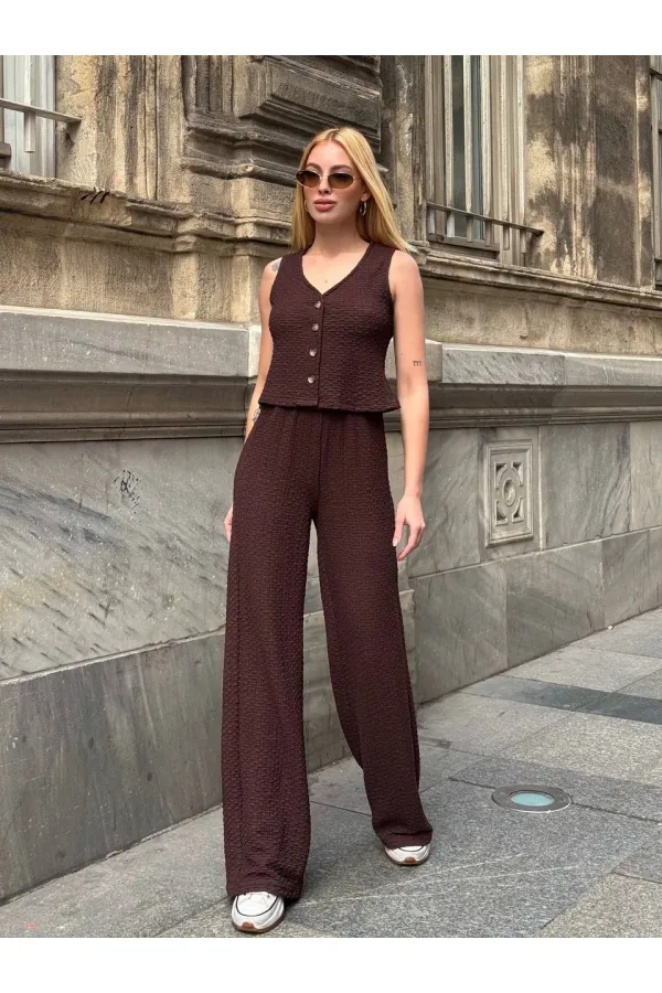 Kadın Kahverengi Beli Lastilkli Gofre Kumaş Pantolon HZL24S-ZK13261