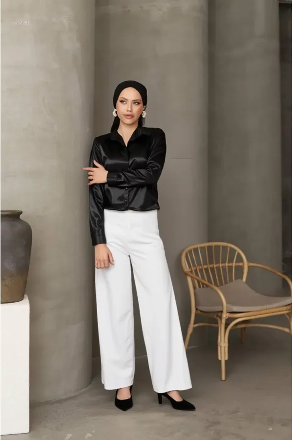 Kadın Siyah Tesettür Küçük ve Büyük Bedenler Hafif Dökümlü Saten Yüzeyli Gömlek HZL25W-BD139641