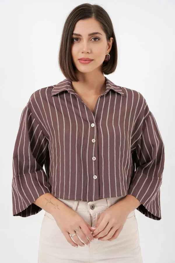 Chemise courte rayée oversize pour femme 20326 - Marron