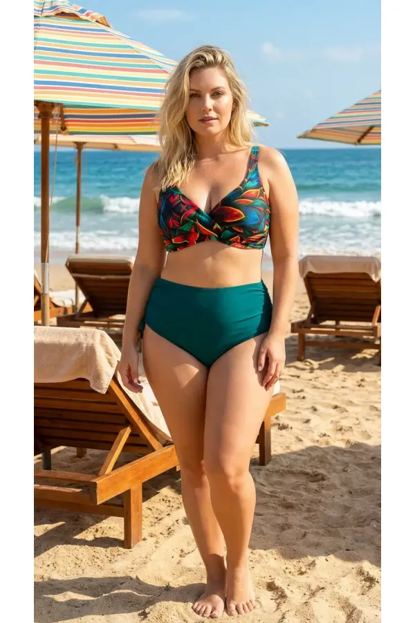 Ensemble bikini grande taille doublé à motif floral vert pétrole pour femme HZL26S-LC21202