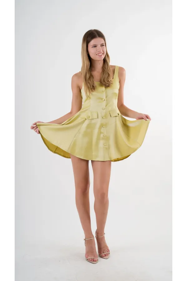 Women's Pistachio Green Straped Front Buttoned Pocket Elastic Waist Shorts Dress HZL24S-YY197