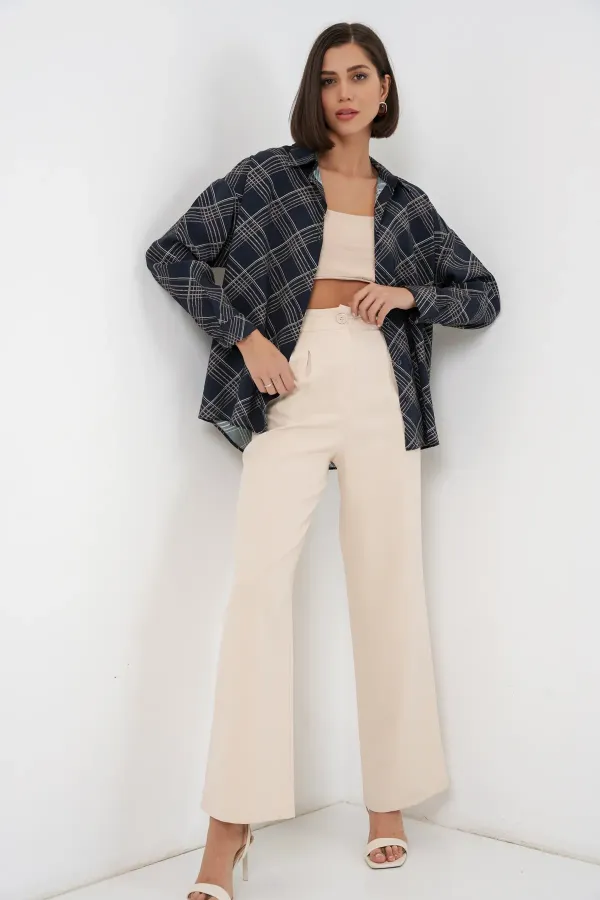 Women's Oversize Patterned Shirt 20372 - Navy Blue