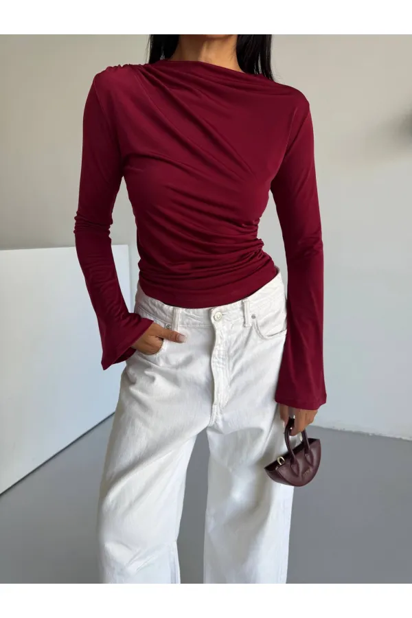 Kadın Bordo Drape Detaylı İspanyol Kol Sany Bluz HZL25W-FRY123431