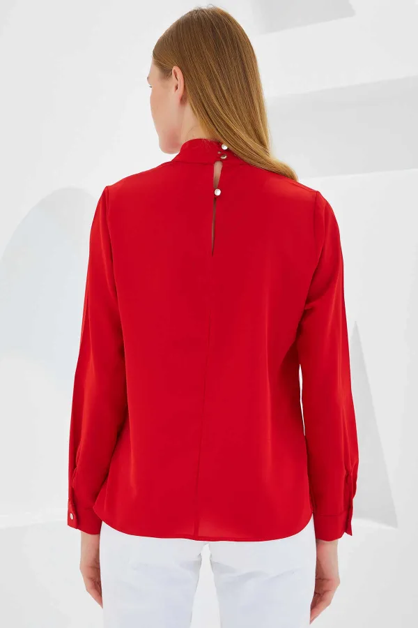 Kadın Kırmızı Pencere Detaylı Dökümlü Uzun Kollu Bluz HZL22S-BD104181
