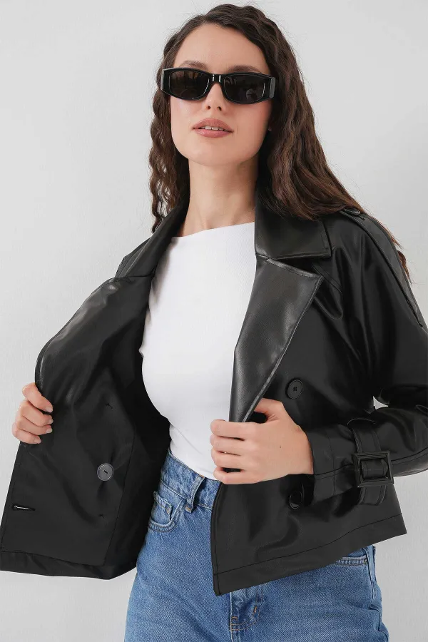 Veste en similicuir doublée noire avec ceinture pour femme HZL25W-BD110461