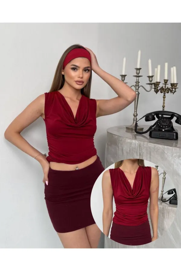 Kadın Bordo Degaje Yaka Yanlardan Drapeli Sandy Bluz HZL25S-FRY123131