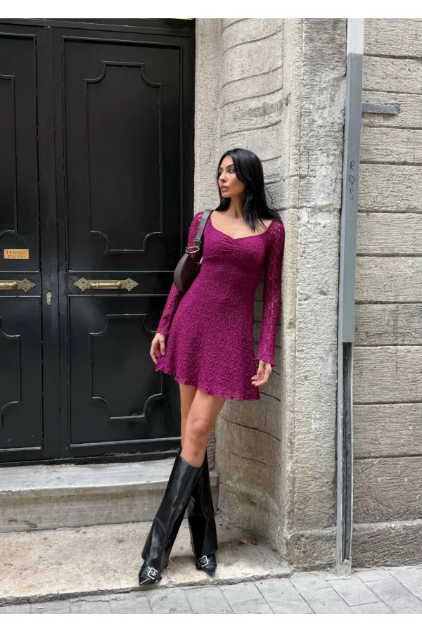 Kadın Mor Uzun Kollu Dantel Detay Astarlı Kloş Elbise HZL25W-FRY123531