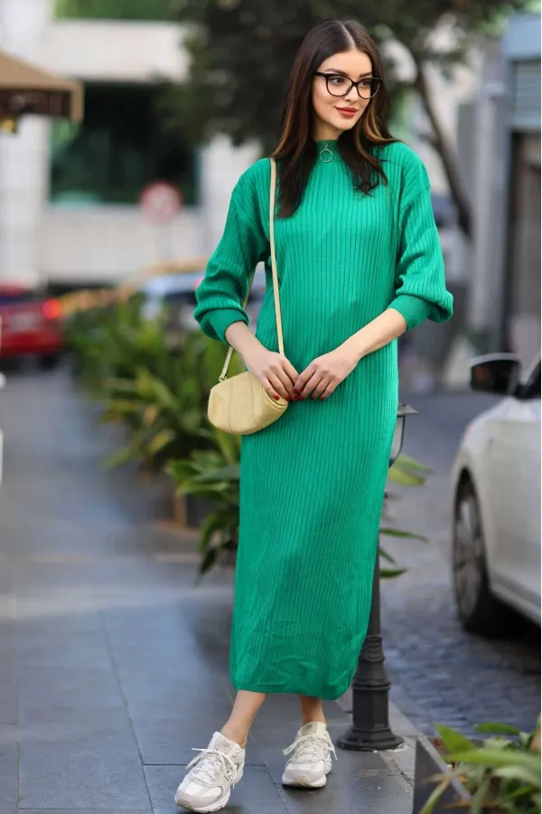 Robe longue en maille côtelée verte à col zippé pour femme HZL24W-BD1102271