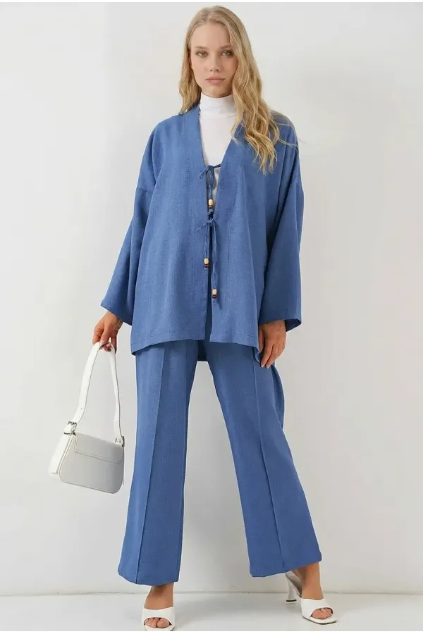 Kadın Lacivert Keten Bağlama Detaylı Kimono Pantolon İkili Takım HZL26S-BD167271