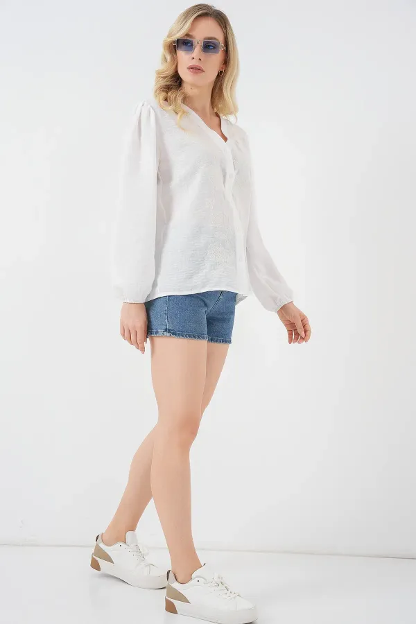 Women's Embroidered Long-Sleeve Blouse 963 - Cream