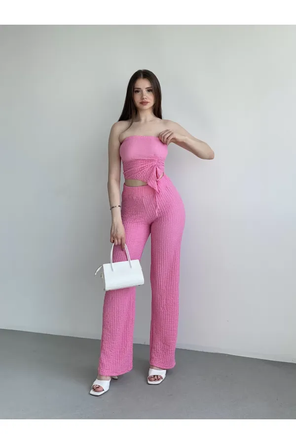 Kadın Pembe Beli Lastilkli Gofre Kumaş Pantolon HZL24S-ZK13261