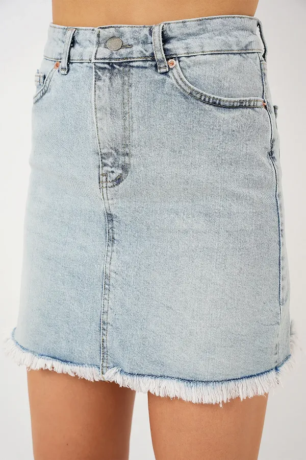 Jupe courte en jean à franges pour femme 8051 - Bleue