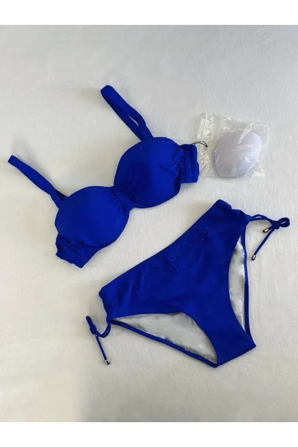 Women's Saxe Blue Stone Embroidered Lined Bikini Set HZL25S-LC3361