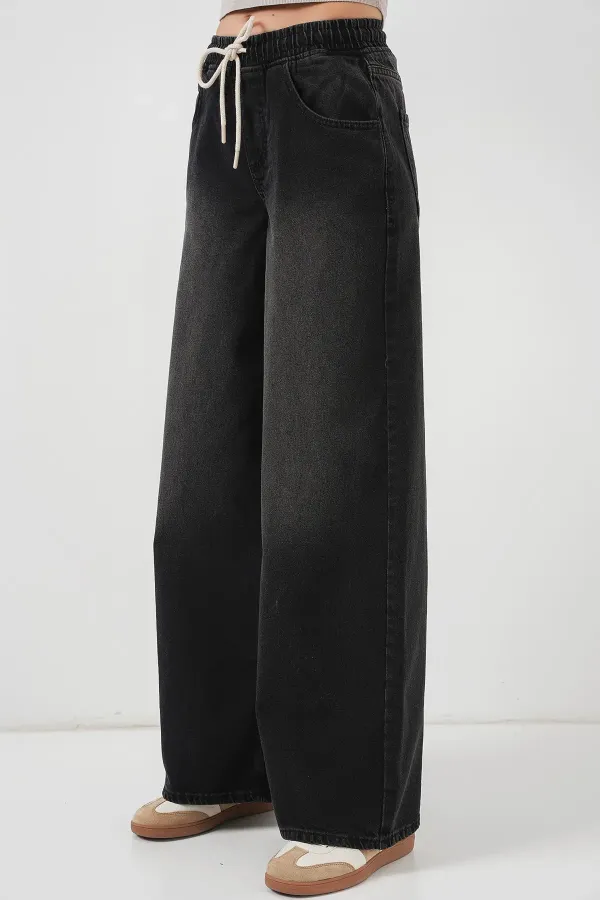 Kadın Bol Paça Kot Pantolon 6705 - Siyah