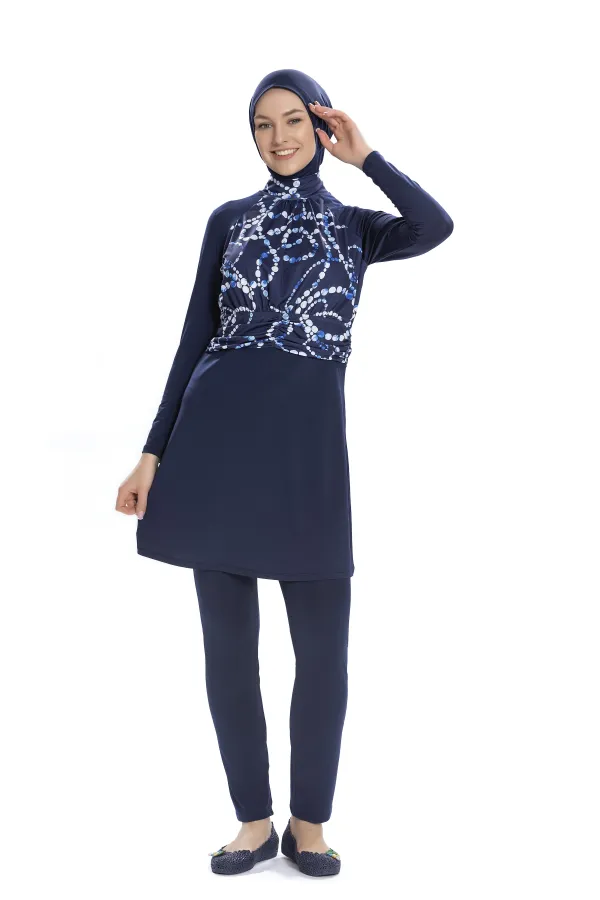 Kadın Lacivert Beyaz Desenli Uzun Kollu Tam Kapalı Tesettür Mayo HZL25S-AR259/02