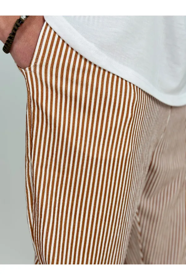 Erkek Taba Beyaz Çizgili Beli İp Bağlamalı Düz Kesim Cepli Pantolon Eşofman Altı HZL24S-MXC8948-179