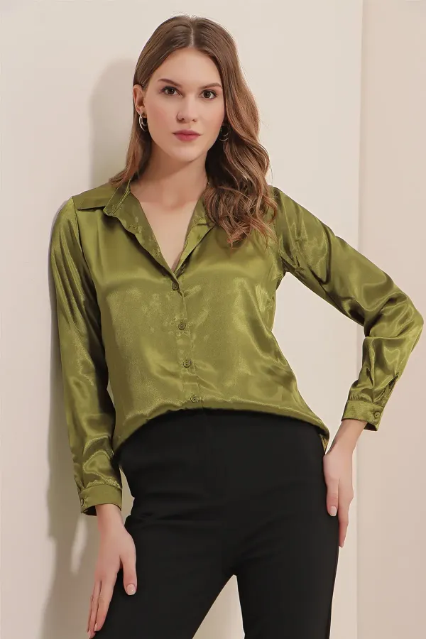 3964 Lightly Draped Satin Shirt - Light Khaki