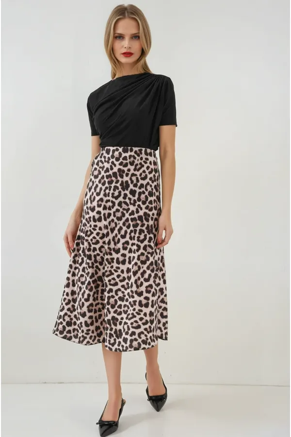 Kadın Vizon Leopar Desenli Saten Yüzeyli Beli Lastikli Midi Boy Etek Hzl23S-BD1101471