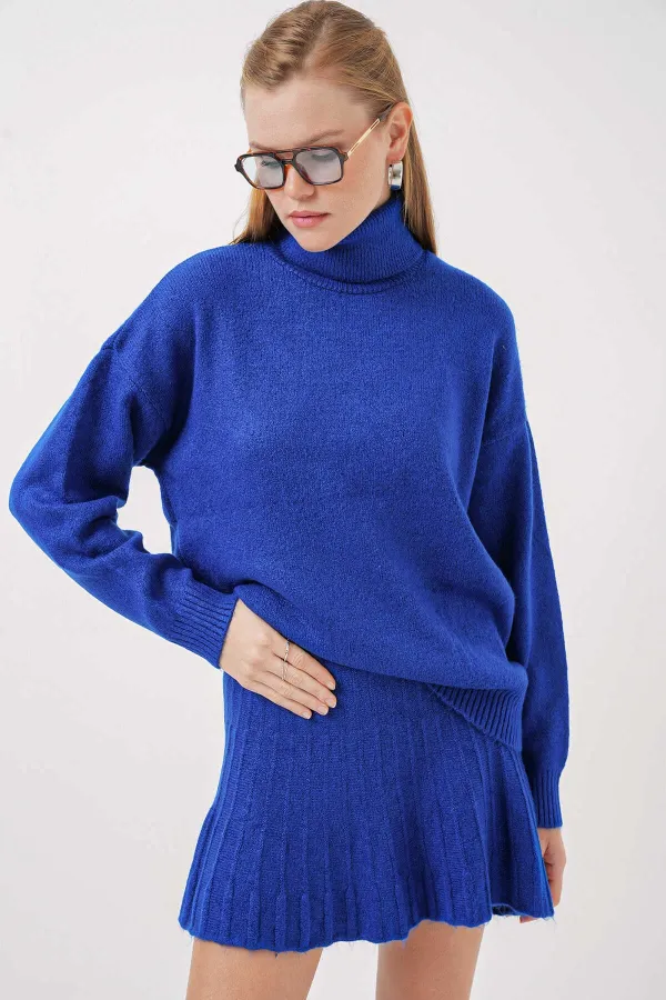 Ensemble deux pièces en tricot bleu vif pour femme, jupe pull HZL25W-BD1102641