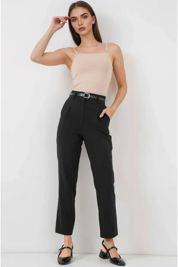 Kadın Siyah Yüksel Bel Kemerli Kumaş Pantolon HZL25S-BD167251