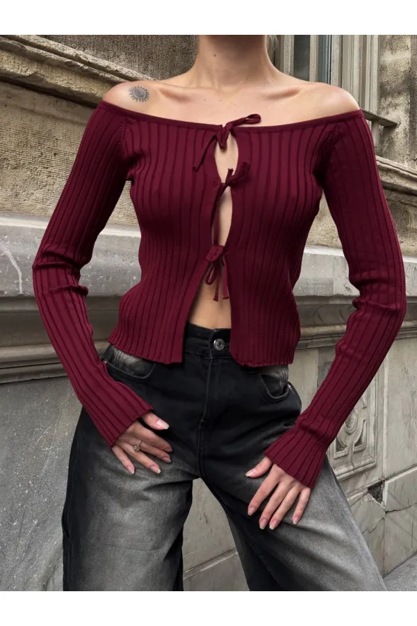 Kadın Bordo Önden Bağlamalı Madonna Yaka Crop Bluz HZL25W-ZK10331