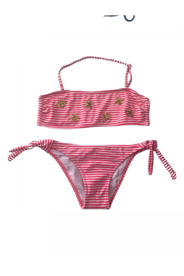 Ensemble bikini sans bretelles à rayures roses et blanches pour fille, motif abeille, 4-12 ans, HZL24S-LC3228