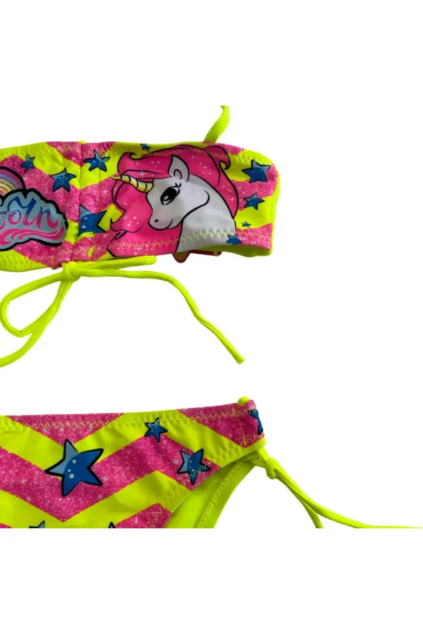 Ensemble bikini sans bretelles à motif licorne jaune fluo pour fille de 2 à 8 ans HZL24S-LC3658
