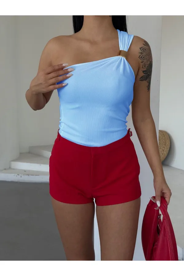 Kadın Mavi Tek Omuz Gold Metal Detaylı Bluz HZL25S-FRY123111