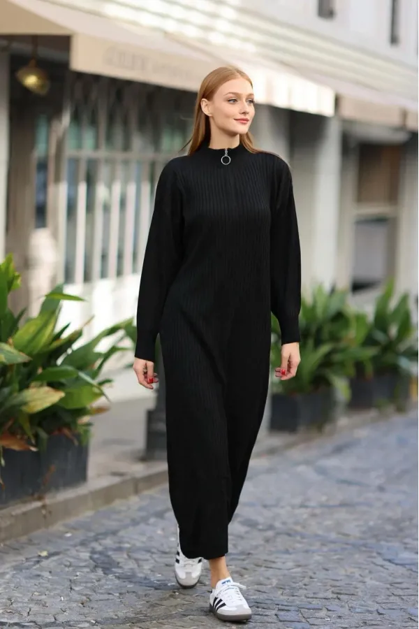 Robe longue noire en maille côtelée à col zippé pour femme HZL24W-BD1102271