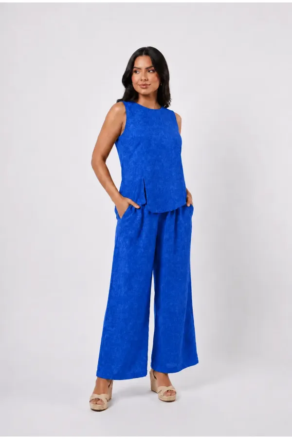 Women's Navy Blue Linen Textured Relaxed Fit Two-Piece Set HZL26S-VL15141 Women's Navy Blue Linen Textured Relaxed Fit Two-Piece Set HZL26S-VL15141