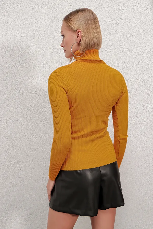 Pull col roulé côtelé moutarde pour femme HZL22W-BD1445001