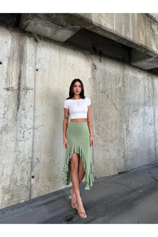Kadın Yeşil Yüksel Bel Dalgıç Kumaş Asimetrik Kesim Etek HZL25S-ZK11701
