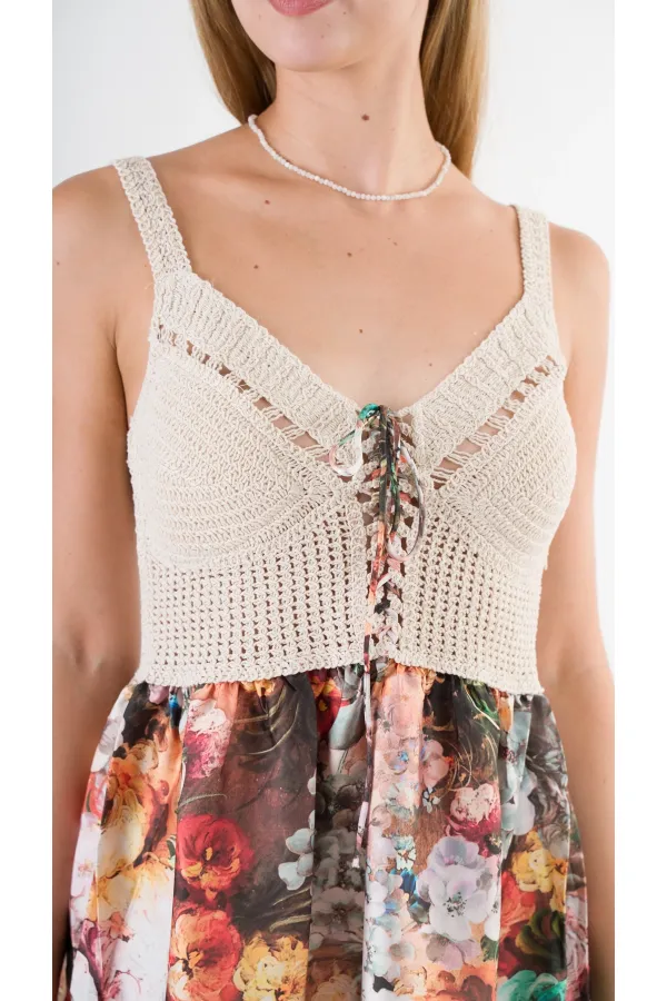 Kadın Yeşil Desenli Saten Yüzeyli V Yaka Halka Detaylı Kuşaklı Mini Elbise HZL24S-YY250