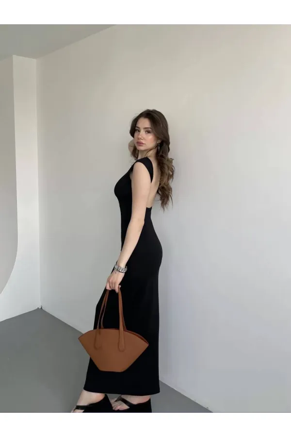 Kadın Siyah Sırt Dekolteli Yumuşak Dokulu Elbise HZL25S-ZK13321