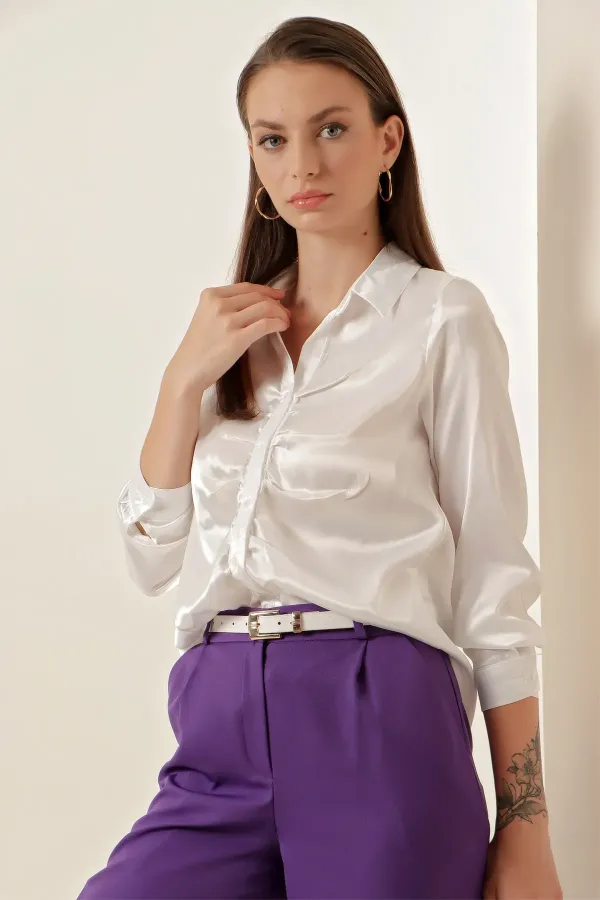 Chemise en satin froncé 20112 - Blanche