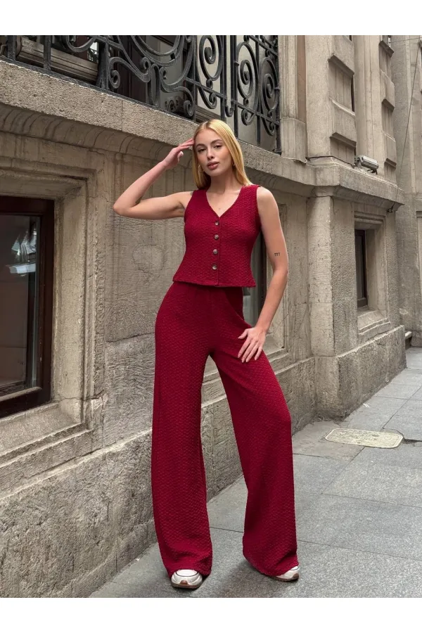 Kadın Bordo Beli Lastilkli Gofre Kumaş Pantolon HZL24S-ZK13261