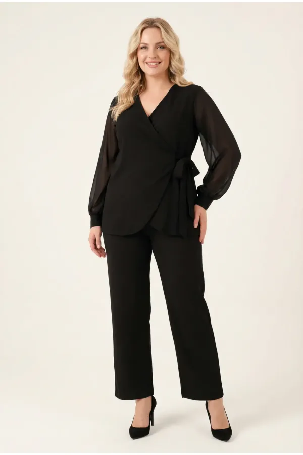 Ensemble robe de soirée grande taille noire en mousseline de soie, pantalon et chemisier sans manches - HZL26W-PR10081
