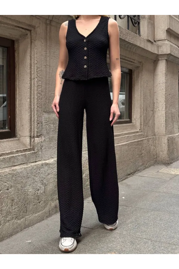 Kadın Siyah Beli Lastilkli Gofre Kumaş Pantolon HZL24S-ZK13261